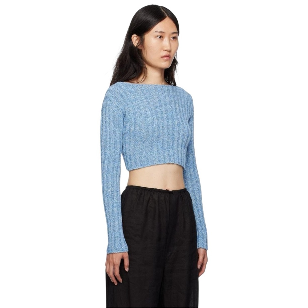 Baserange Macau Sweater Blue Melange Ribbed Boat Neck Crop Long Sleeve Knit Top - Picture 2 of 10